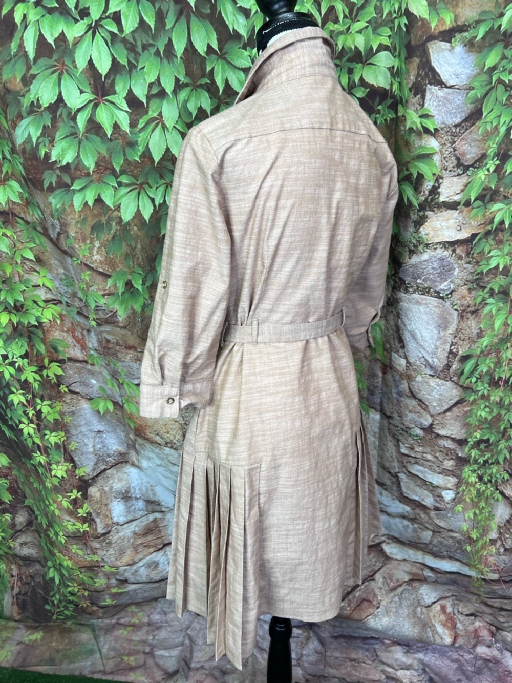 SHARAGANO Minimalist Luxury Designer Tan Shirtdress with Pleated Skirt, 4 - Picture 6 of 11